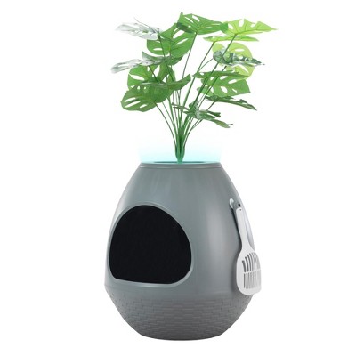 COZIWOW Effloa6 Cat Litter Box, Odor Removal Control Large Cozy Pet Hidden Enclosure with Artificial Plant, LED Lights, Scoop and Litter Tray, Grey