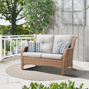 POCASSY 50" Wide Wicker Outdoor Loveseat Sofa with Weather Resistant Yellow Rattan for Porch, Balcony - 1 of 4