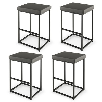 Tangkula Bar Height Stools Set of 4 30-inch PU Leather Upholstered Solid Metal Frame Adjustable Feet Grey