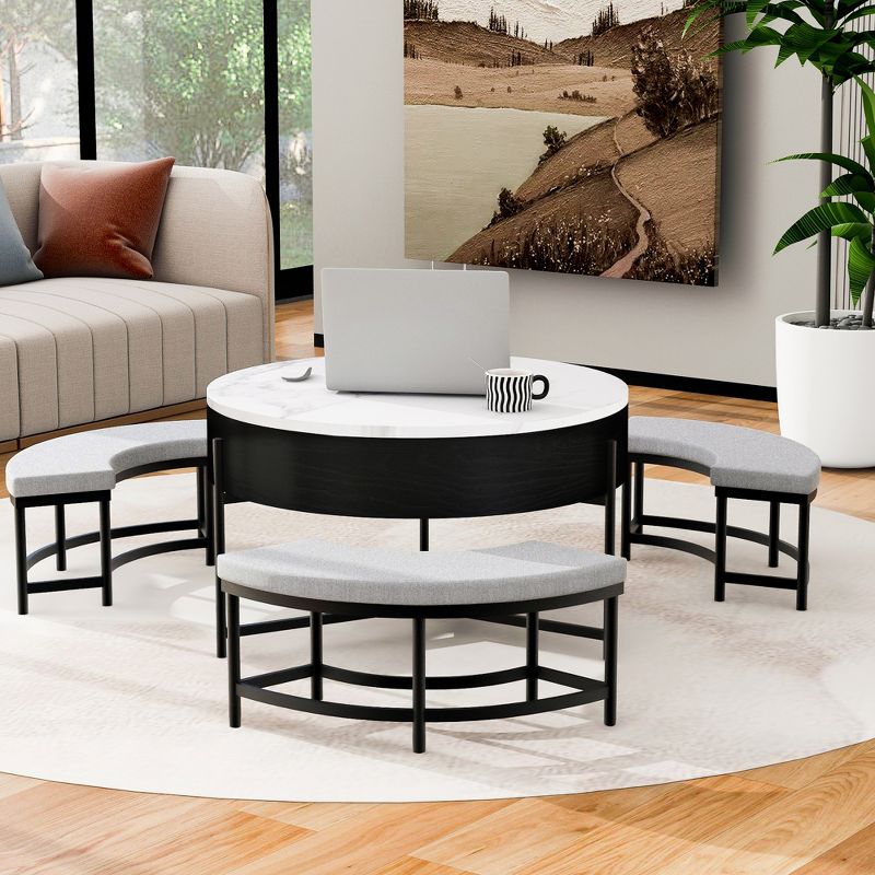 Modern Round Lift-Top Coffee Table with Storage and 3 Ottoman, White+Black-ModernLuxe, 2 of 16