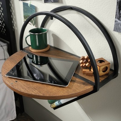 Black and Vintage Oak Wall-Mounted Hanging Nightstand with Flip-Down Shelf