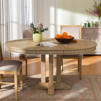 Extendable Round Dining Table Set, 42"-56" Solid Wood Oval Kitchen Table with Leaf and X-Base, Wooden Table for 4-6 People, for Dining Room