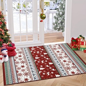 Christmas Washable Area Rug, Non Slip Low Pile Holiday Living Room Bedroom Carpet with Rubber Backing Accent Rug, Red - 1 of 4