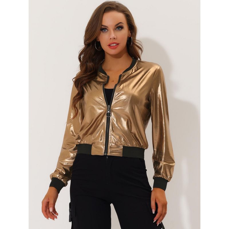 Allegra K Women's Holographic Fashion Stand Collar Metallic Lightweight Zip Bomber Jacket, 4 of 7