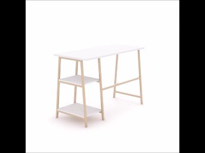 Modern White and Gold Desk with Open Shelves and Metal Frame