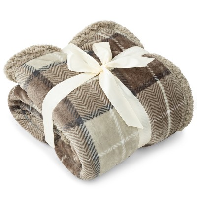 Taupe Plaid Sherpa Fleece Reversible Throw Blanket, 50" x 60"
