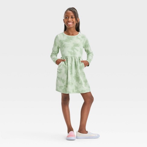 Girls' Long Sleeve French Terry Tie-Dye Dress - Cat & Jack™ Dusty Green L  Plus