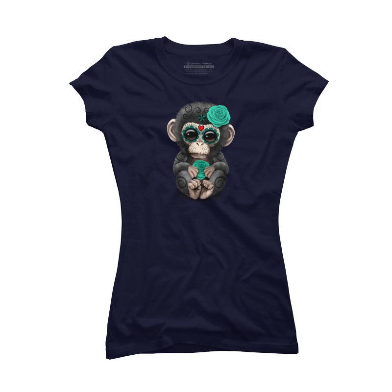 Junior's Design By Humans Blue Day of the Dead Sugar Skull Baby Chimp By jeffbartels T-Shirt, 1 of 4