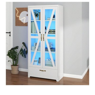 61" Tall Kitchen Pantry Cabinet with LED Lights, Metal Storage Cabinets with Glass Doors and Adjustable Shelves, Metal Food Pantry Cabinet