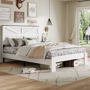 Racxily Bed Frame with Headboard, Wood Platform with Under Bed Storage, White - 1 of 4