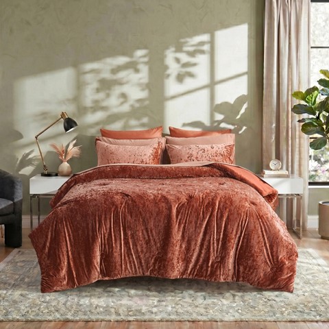 Regency Heights 9Pcs BIAB Velvet Bedding Set, Luxury Style Ultra Soft Plush Bedding with Matching Comforter and Sheet Set, Orange, Queen
