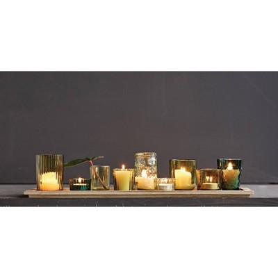 Rustic Wood Tray with Green Glass Votive Candle Holders