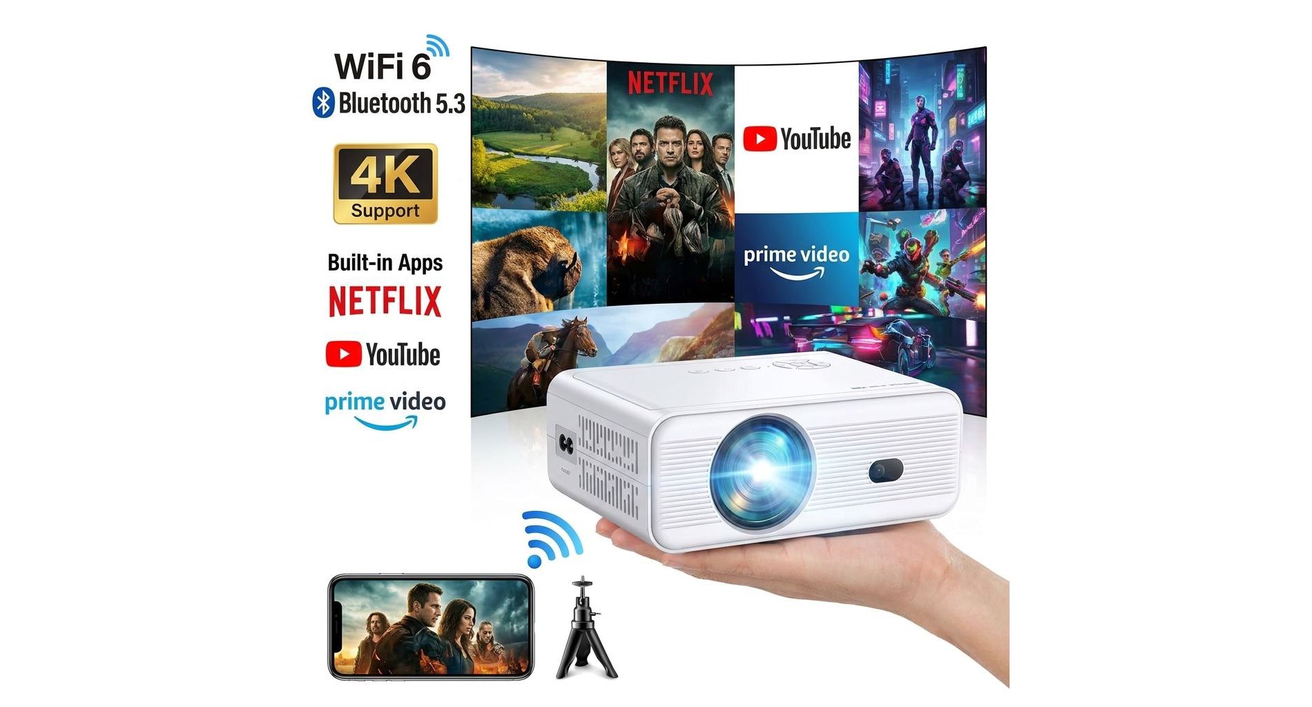 Projector 1080P Full HD Portable Mini Projector, Bluetooth Movie Projector, Compatible with TV Stick/Smartphone/PC/Game Console/HDMI/USB