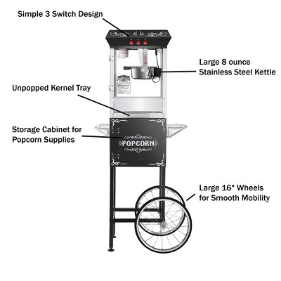 Vintage Black Popcorn Machine with Cart and Stainless Steel Kettle