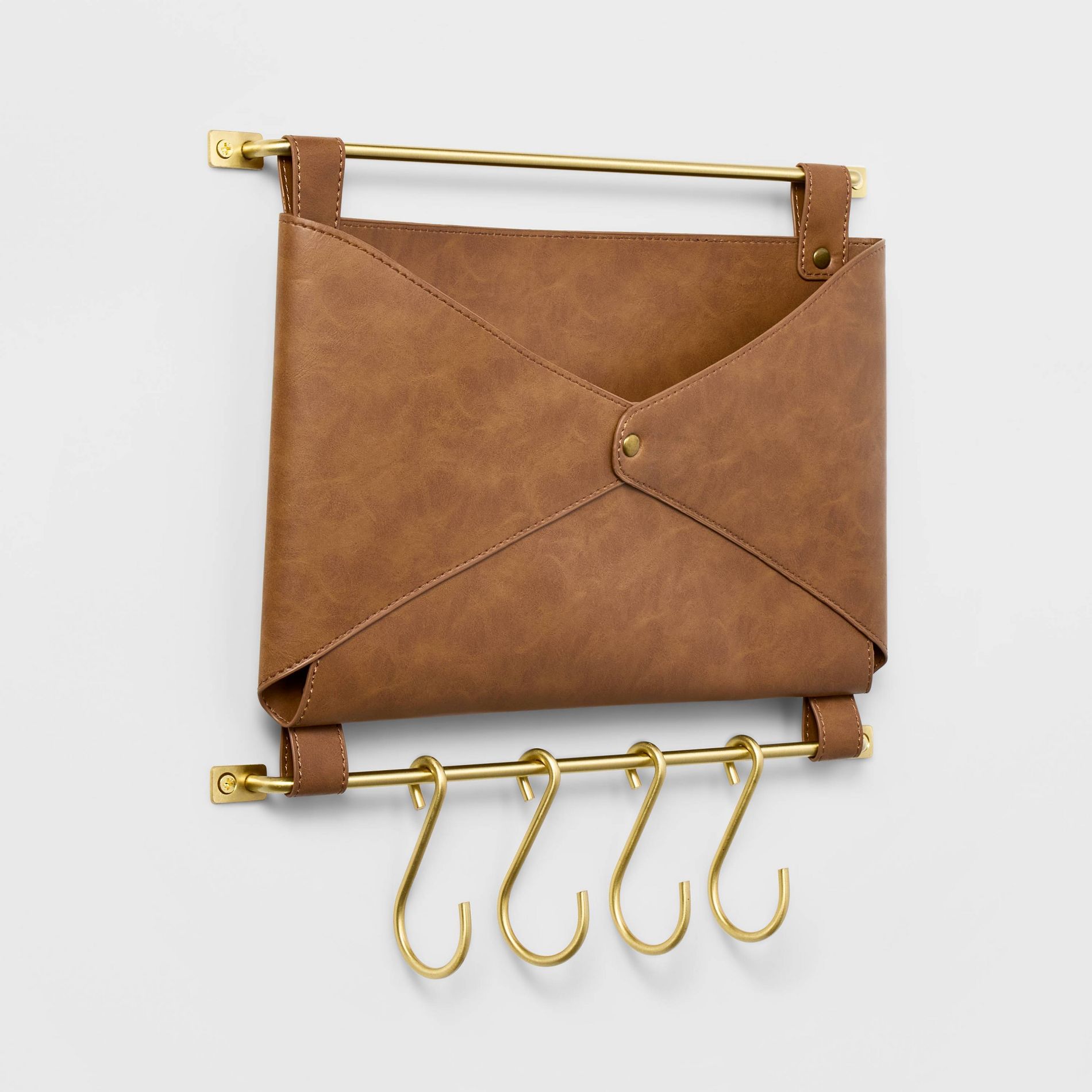 Entryway Organizer Faux Leather and Gold - Threshold™: Wall Mounted Mail Holder with Hooks, Brown, 14" Length