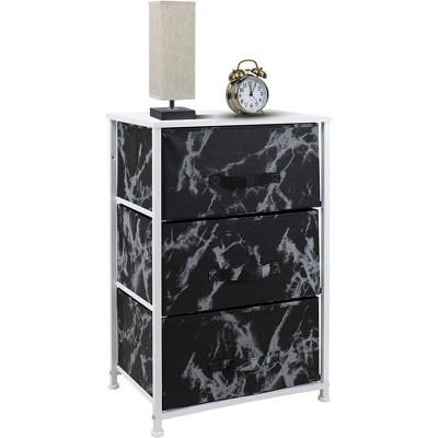 White Frame Black Marble 3-Drawer Nightstand with Fabric Bins