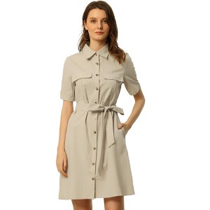 Allegra K Women's Collared Side Pockets Button Up Cotton Belted Shirt Dress - 1 of 4