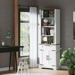 72" Tall Farmhouse Bookcase, Floor Standing Bookshelves with Doors and Drawer Adjustable Shelves for Home Office Living Room, White - 1 of 4
