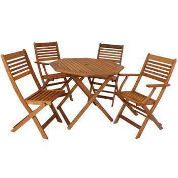 Sunnydaze Outdoor Meranti Wood with Teak Oil Finish Folding Patio Dining Table and Chairs - Brown - 5pc