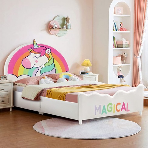 Costway Kids Upholstered Platform Bed Children Twin Size Wooden Bed Unicorn  Pattern : Target