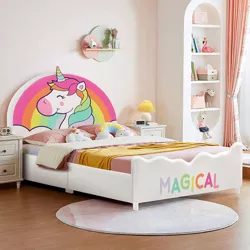 Kids Children Upholstered Platform Toddler Girl Pattern Bed 