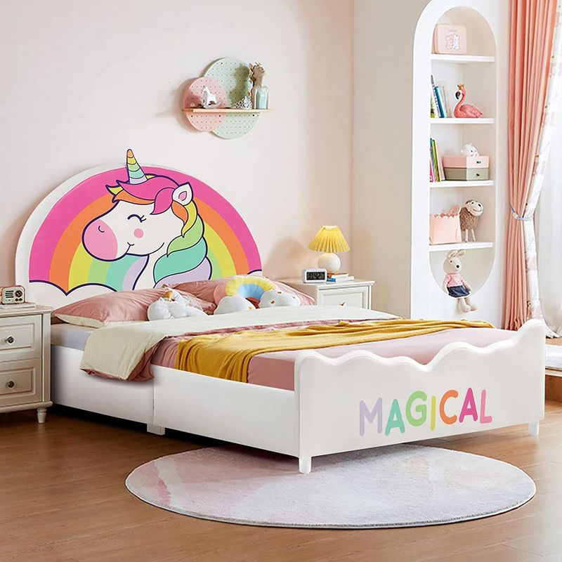 Costway Kids Upholstered Platform Bed Children Twin Size Wooden Bed Unicorn Pattern, 1 of 11