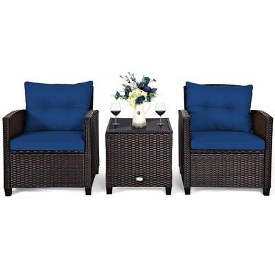3-Piece Blue Cushioned Rattan Conversation Set with Brown Frame