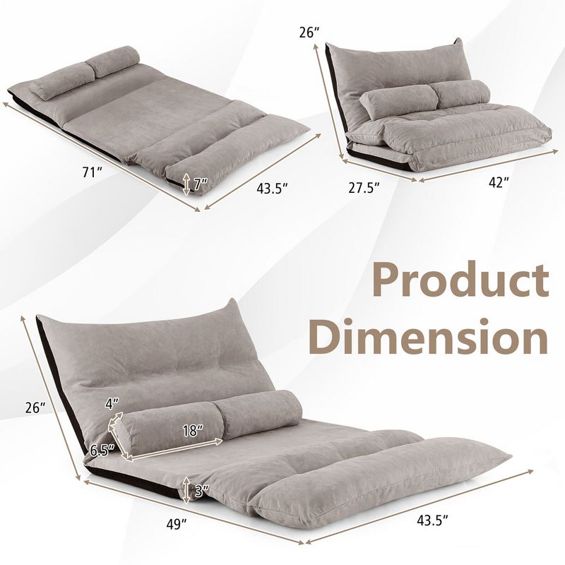 Costway Convertible Lazy Sofa Bed with 42-Level Adjustable Backrest&2 Lumbar Pillows Gray/Beige, 2 of 11