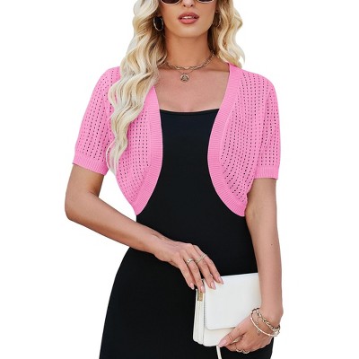 Womens Lightweight Shrugs Short Sleeve Open Front Cropped Cardigan Crochet Knit Sweater