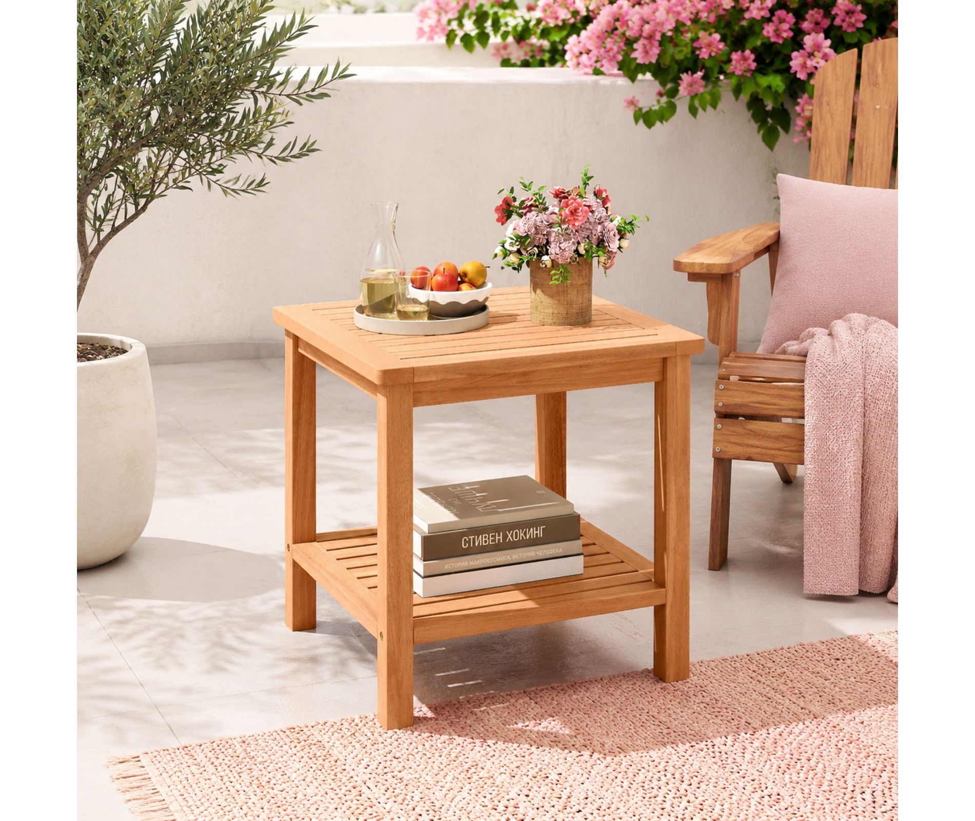 Acacia Wood Side Table for Couch and Patio 18 Inch Square End Table with Storage Shelf, Natural