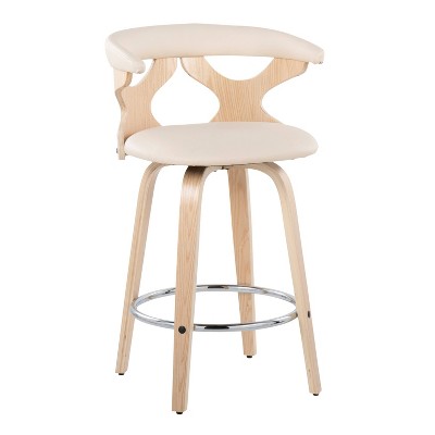Mid-Century Modern Swivel Counter Stool in Natural Wood & Cream