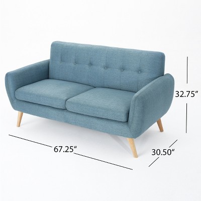 Mid-Century Blue Tufted Fabric Sofa with Wood Legs