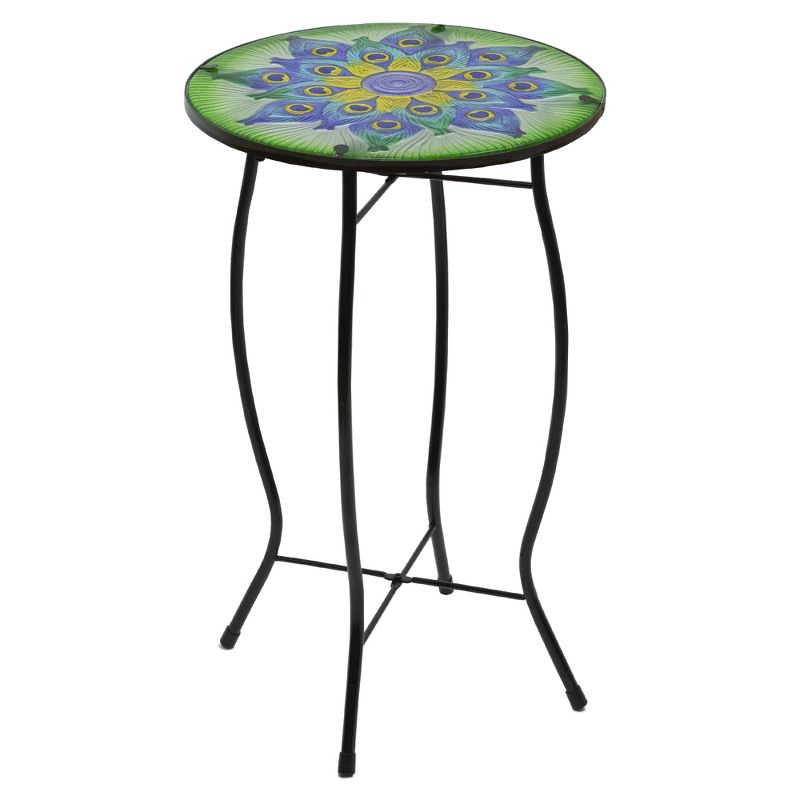 Northlight 19" Green and Blue Peacock Flower Tail Glass Patio Side Table, 4 of 5
