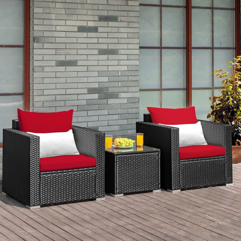 Tangkula 3PCS Patio Rattan Furniture Conversation Set with 2 Cushioned Sofas & Coffee Table for Outdoor, 3 of 8