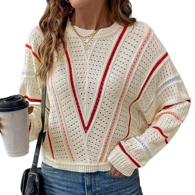 Women's Sweater Crew Neck Hollow Out Striped Knit Sweater Loose Fit Casual Pullover Top