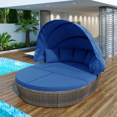 Outdoor Rattan Daybed Sunbed, Patio Round 7-Seater Sectional Sofa Set, Upholstered Chaise Lounger with Retractable Canopy, Blue -ModernLuxe