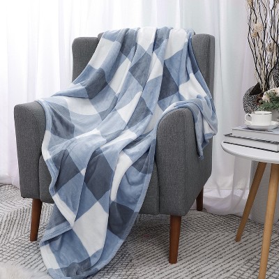 1 Pc Queen Microfiber Plaid Flannel Fleece Bed Blankets Blue and White  - PiccoCasa