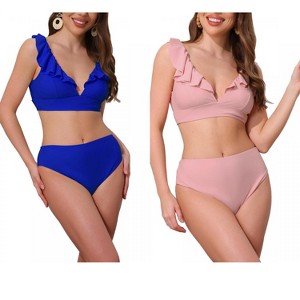 INSPIRE CHIC Women's Ruffle Trim V Neck Wide Strap Drawstring Tie Back Top Triangle Bottom Bikini Sets 2 Sets - 1 of 4