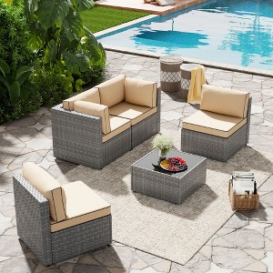 Celebalcony 5-piece silver rattan sofa seating set (with cushions) Khaki - 1 of 4