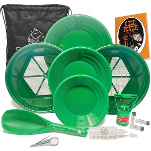 11 pc set includes 3 gold pans; 2 gold classifiers; paydirt scoop plastic gold shovel; snifter bottle; black sand gold magnet and Gold Fever book! - 1 of 4