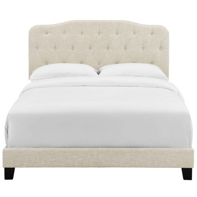 Elegant Beige King-Size Upholstered Bed with Tufted Headboard