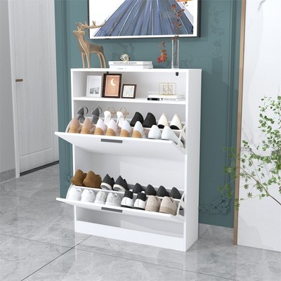 Shoe Storage Cabinet with 2 Flip Drawers, Sturdy Wood Hidden Shoe Storage, Freestanding Narrow Slim Shoe Organizer