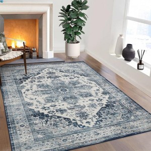 Acekool Machine Washable Vintage Area Rug, Distressed Non-Slip Soft Accent Carpet, Stain-Resistant, Low Pile, Blue, Size2x6 - 1 of 4