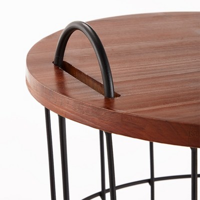 Round Metal Wire Basket Side Table with Wooden Lid