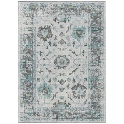 Teal Blue And Gray Floral Washable Indoor Outdoor Area Rug