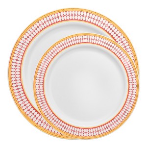 Smarty Had A Party White w/ Red and Gold Chord Rim Plastic Dinnerware Set - 40 Sets - 1 of 4