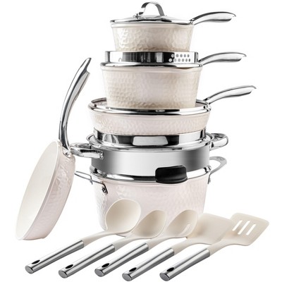 Cream Hammered 15-Piece Ceramic Nonstick Cookware Set with Utensils