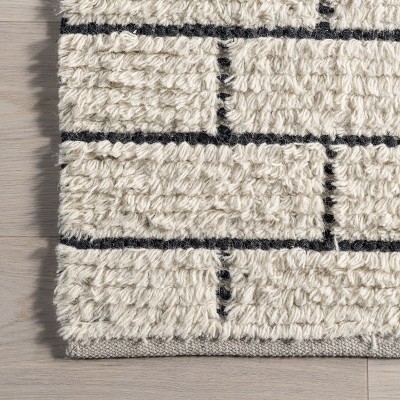 Ivory Geometric Brick Pattern Wool Blend Area Rug
