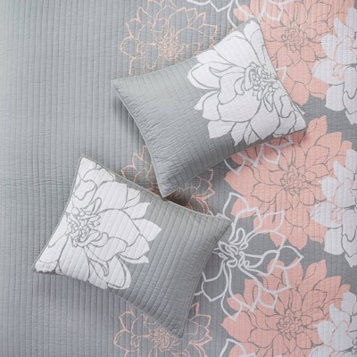 Gray and Peach Floral Reversible Cotton Full Quilt Set
