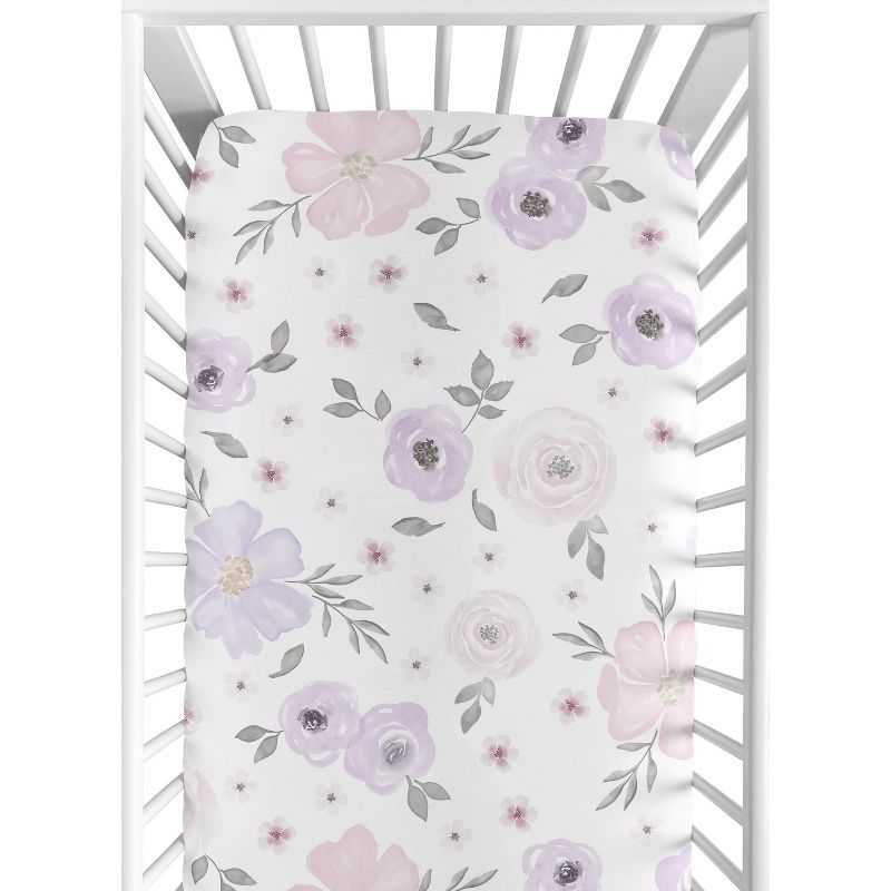Sweet Jojo Designs Girl Fitted Crib Sheets Set Watercolor Floral Purple Pink and Grey 2pc, 3 of 8